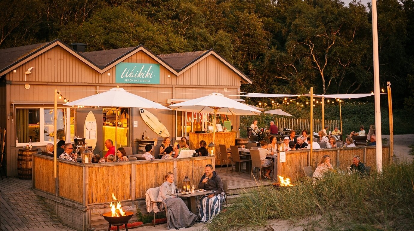 Waikiki i kvällsljus med tända ljusslingor